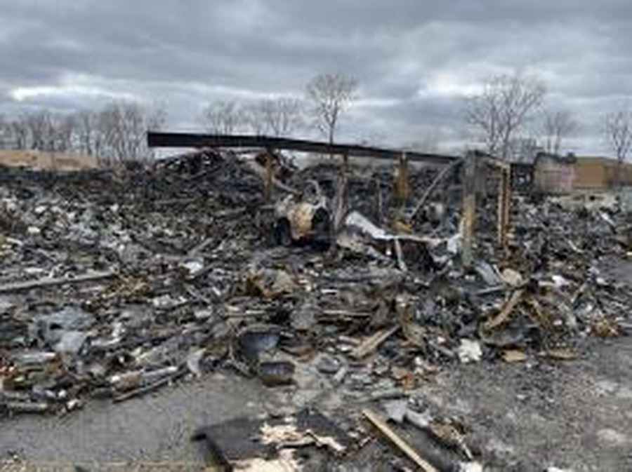 Destroyed Clinton Township warehouse after the March 4, 2024 explosion involving nitrous oxide and butane canisters