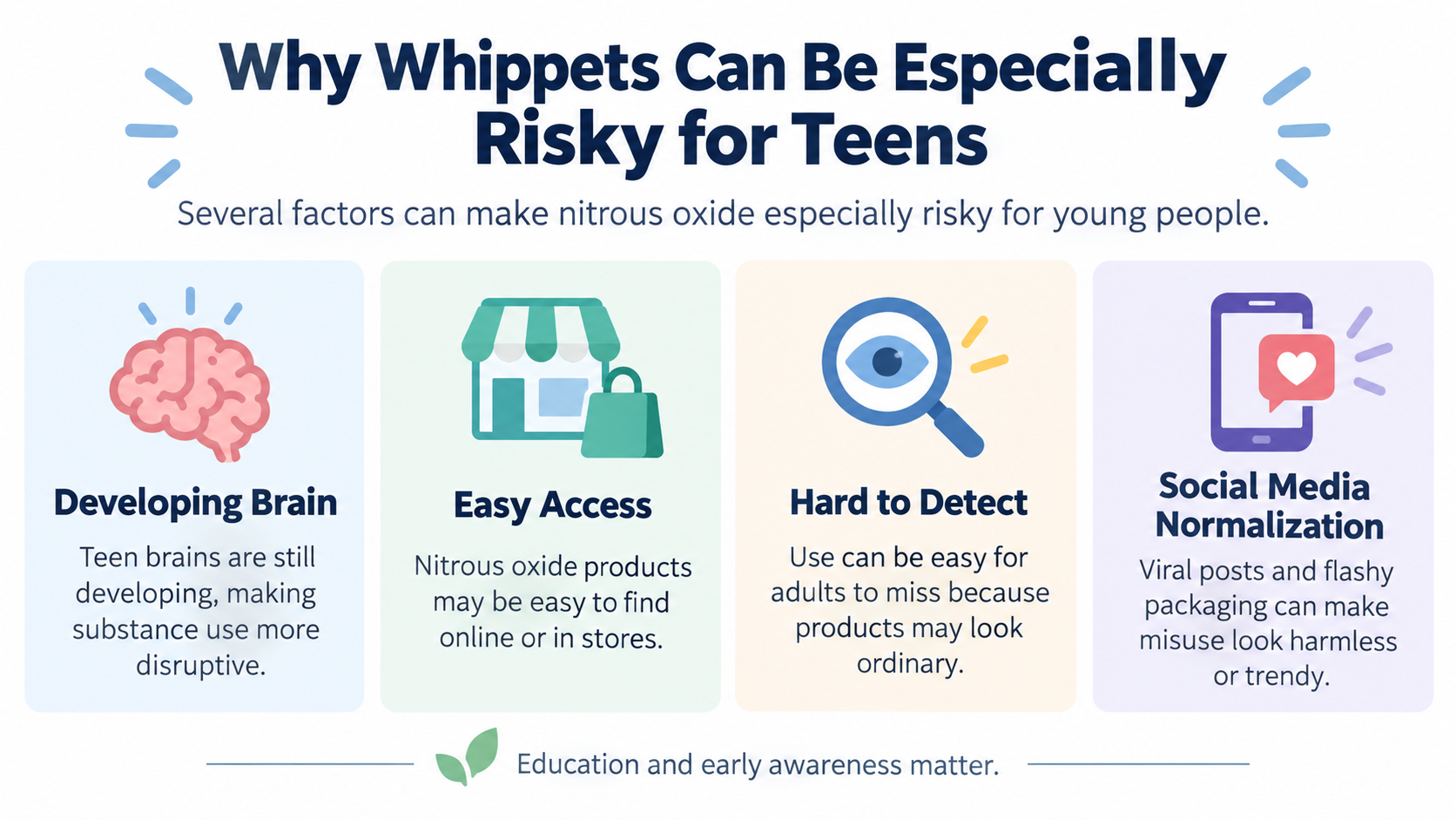 Why whippets can be especially risky for teens infographic showing four risk factors: developing brain, easy access, hard to detect, and social media normalization.