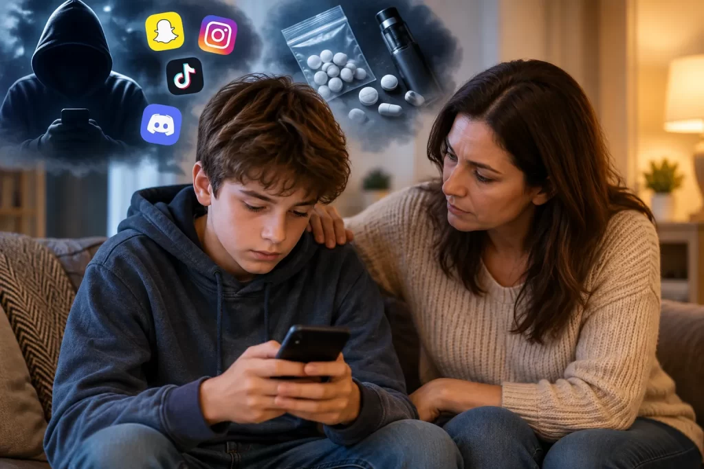 Parent talking with a middle school child about smartphone use, online risks, and drug awareness