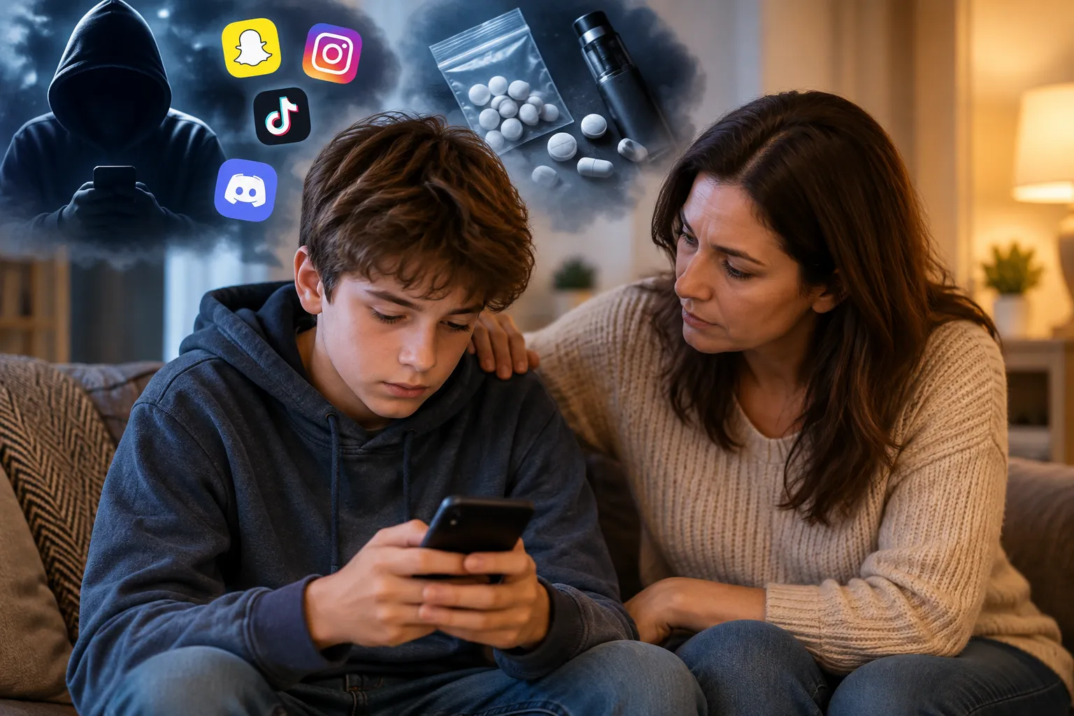 Parent talking with a middle school child about smartphone use, online risks, and drug awareness