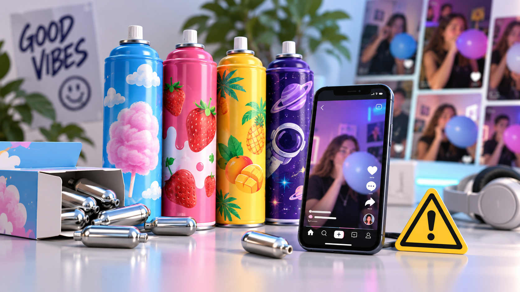 Representative nitrous oxide canisters and social media trend illustration